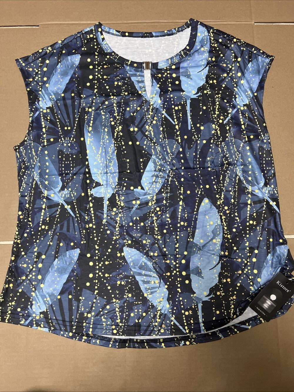 Kistore Women's Blouse Tank Top XXL Black Blue Feather Gold Splatter Keyhole NWT